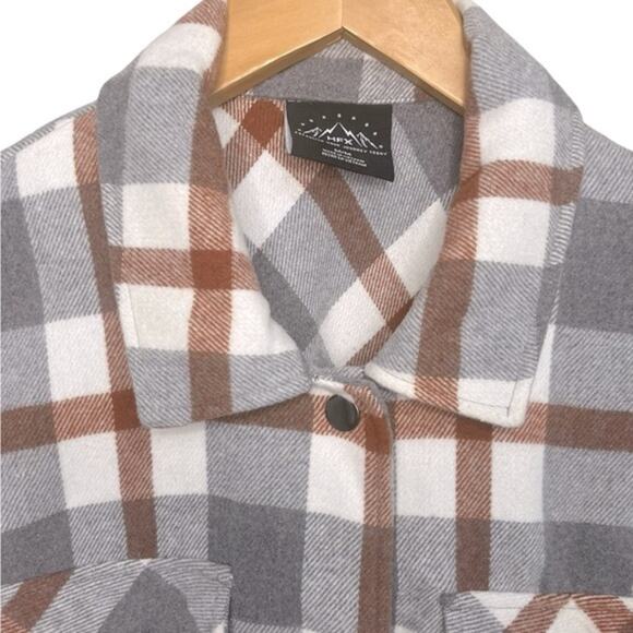 HFX Gray & Brown Plaid Shacket  Relaxed Fit Front Snap Closure Women's Size Med - Picture 6 of 13